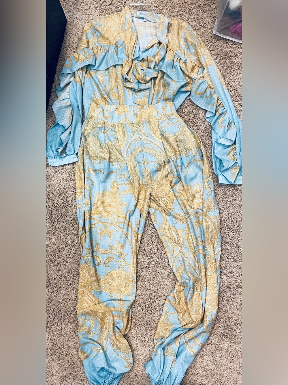 Light Blue & Gold Paisley Wide-Leg Trousers miamioclock boutique
